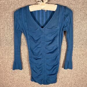 VTG Y2K 90s Ruched Ribbed Form Fitting V-Neck Layering Bella Swan Blue Sz S/M